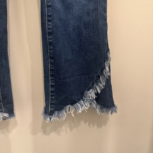 Paige Colette Mid-Rise Crop Flare Jeans Palma Dark Blue Asym Fray Hem Boho Sz 29 - Picture 5 of 8